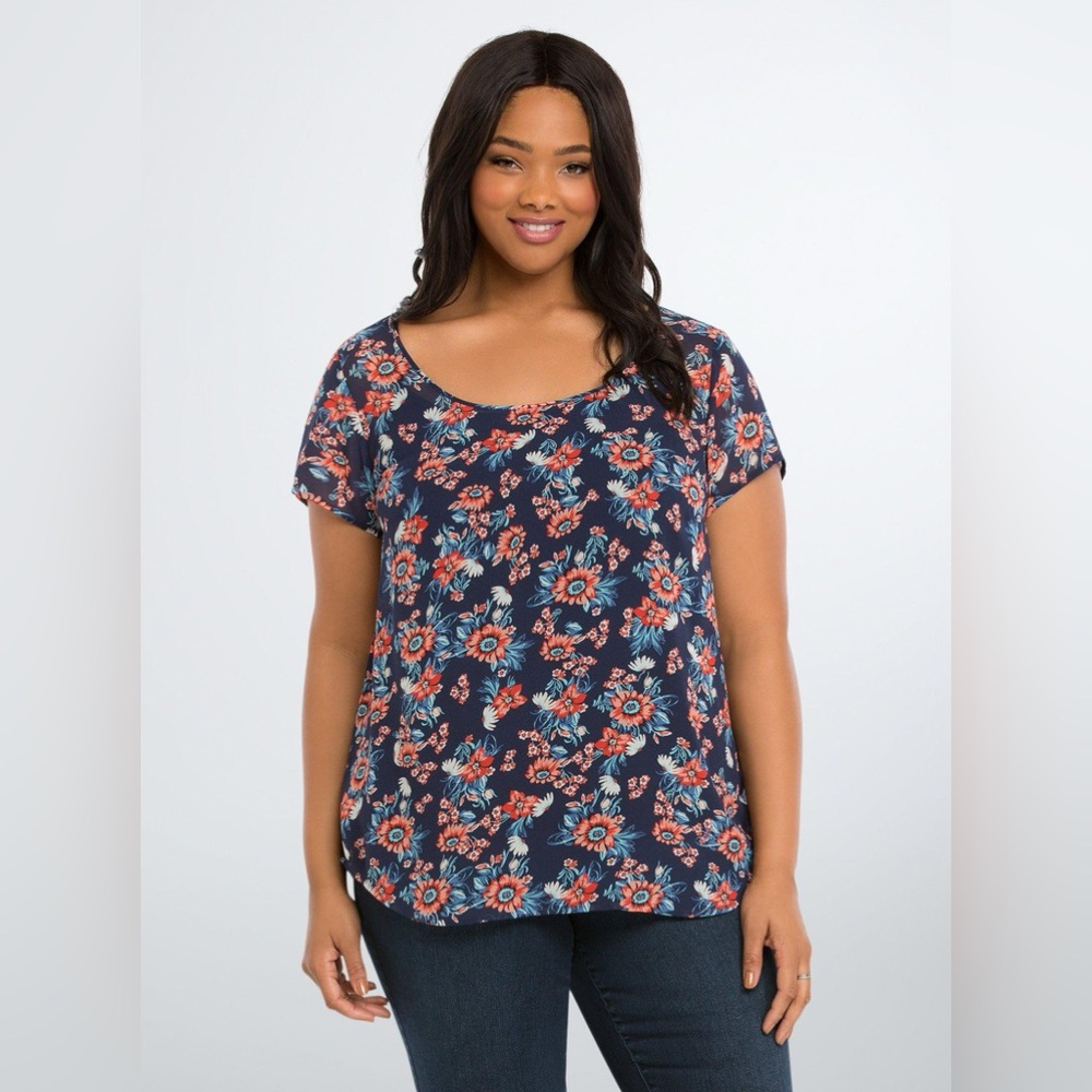 Torrid Blue Floral Chiffon Semisheer Draped Back Short Sleeve Blouse 3 - Picture 1 of 6